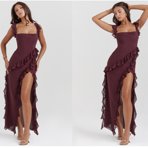 HOUSE OF CB ARIELA MULBERRY RUFFLE MAXI DRESS wine size S NWOT - Picture 3 of 13